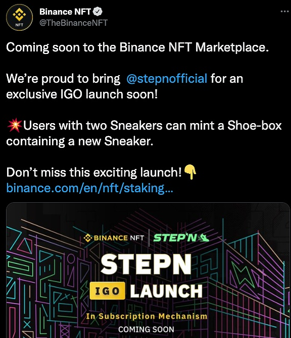 STEPN与知名品牌ASICS(亚瑟士)在Binance IGO联名发售虚拟球鞋NFT，拥有两双实物鞋的用户可以铸造一个包含新运动鞋的NFT！