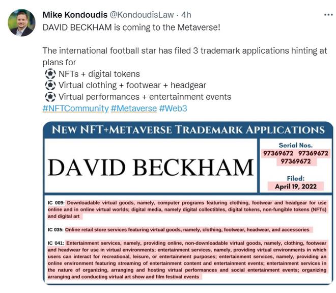 足球明星贝克汉姆进军NFT元宇宙领域，提交NFT及元宇宙虚拟产品、表演及娱乐 相关商标申请！