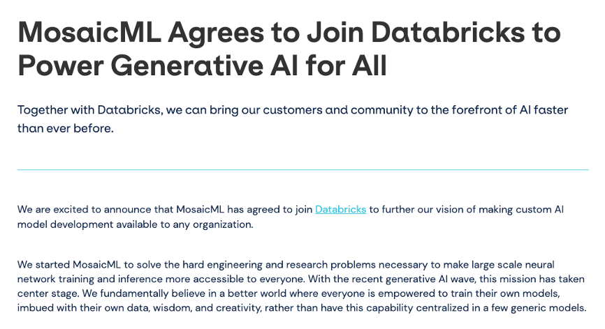 AIGC领域最大收购：Databricks13亿美元买下MosaicML，成立仅2年员工60人